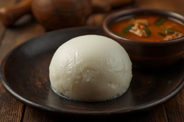 A smooth, glossy dome of pounded fufu on a dark plate beside a bowl of orange egusi soup studded with meat and greens, a wooden mortar and pestle blurred in the background on a rustic table.
