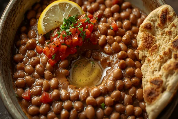 A shallow bowl of stewed brown fava beans, partly mashed and glossy with olive oil pooled in a well, topped with diced red tomato, chopped parsley and a wedge of lemon, warm pita alongside.