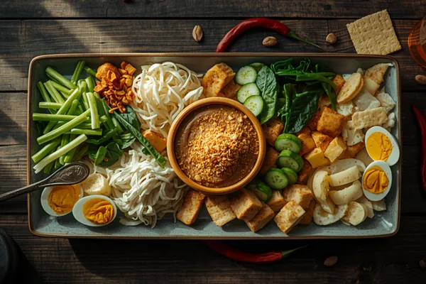 An overhead shot of a long pale ceramic platter of Indonesian gado-gado on a dark weathered wooden table, with a wooden bowl of thick brown peanut sauce topped with crushed peanuts set in the middle and the components arranged in separate heaps around it — bright green long beans, shredded white bean sprouts, dark green water spinach leaves, cucumber rounds, golden cubes of fried tofu and tempeh, pale slices of lontong and halved hard-boiled eggs — with crisp fried shallots scattered over, a spoon resting on the rim, red chillies and loose peanuts on the wood and a cracker and glass of iced tea at the edge.