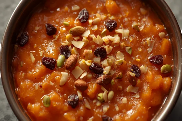 A bowl of gajar ka halwa — deep orange-red grated carrot pudding, glossy with ghee and studded with chopped pistachios, almonds and raisins, served warm.
