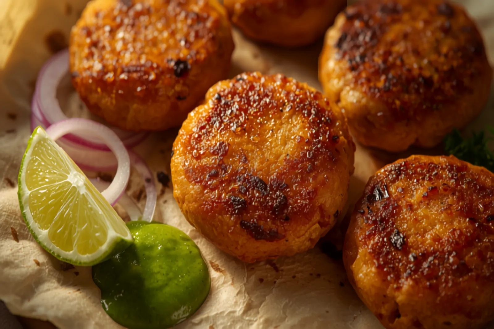 Several small, deep-golden galouti kebab patties on a plate with thin paratha, rings of raw onion, a wedge of lime, and green mint chutney.