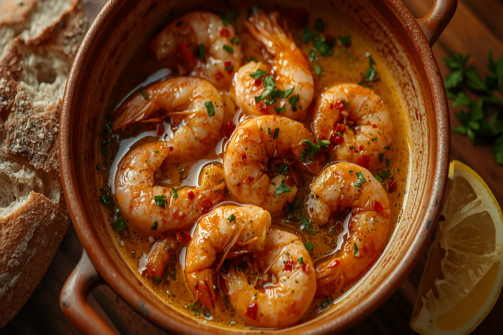 A small earthenware cazuela of pink garlic prawns bubbling in golden olive oil with slices of toasted garlic, flecks of red chilli and chopped parsley, a crusty loaf and lemon wedge alongside.