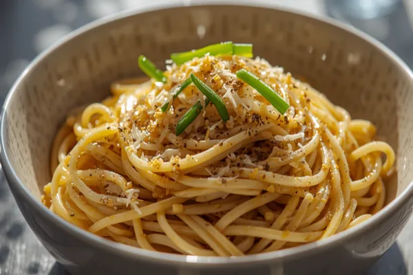 A bowl of glossy garlic noodles flecked with golden minced garlic and grated parmesan, twirled and topped with sliced green spring onions and black pepper.