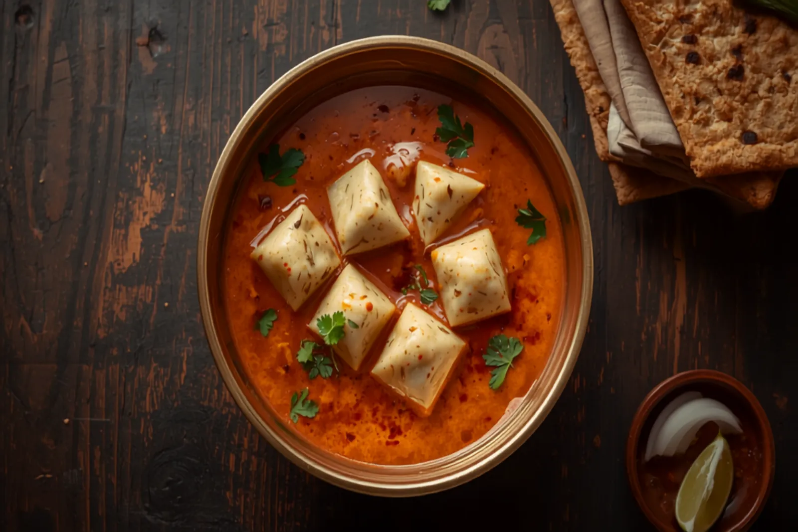 A brass bowl of Rajasthani gatte ki sabzi — diagonal-cut pale gram-flour dumplings flecked with carom seed and chilli, sitting in a glossy red-orange yoghurt gravy with a slick of chilli ghee and fresh coriander leaves, beside a stack of charred bajra roti and a small dish of onion and lime on dark weathered wood.