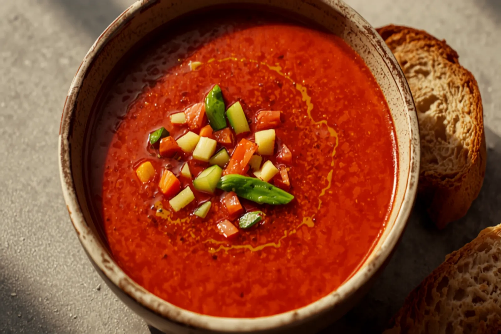 A bowl of smooth, deep-red gazpacho topped with finely diced cucumber, pepper, and tomato and a drizzle of golden olive oil, with crusty bread alongside.