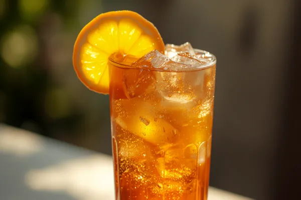 A tall golden Georgia iced tea over ice with a lemon wheel and a peach slice, warm Southern light.
