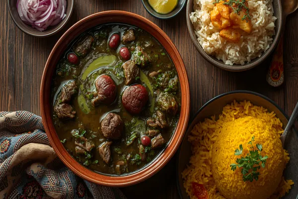 A terracotta bowl of Persian ghormeh sabzi shot from above — a very dark green herb stew with cubes of tender lamb, whole red kidney beans and wrinkled dried Persian limes, a slick of golden oil pooling on the surface — set on a dark wooden table beside a bowl of saffron-yellow rice, a bowl of plain steamed basmati topped with a piece of crisp tahdig, sliced red onion and a patterned Persian textile.