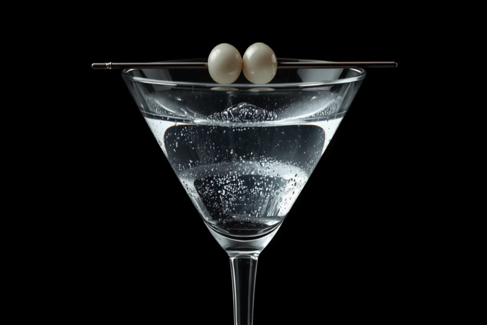 A crystal-clear Gibson martini in a chilled glass garnished with pearl cocktail onions on a pick, cold crisp light.