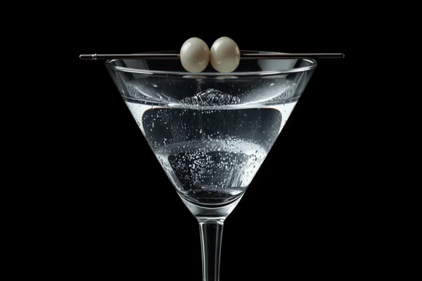 A crystal-clear Gibson martini in a chilled glass garnished with pearl cocktail onions on a pick, cold crisp light.