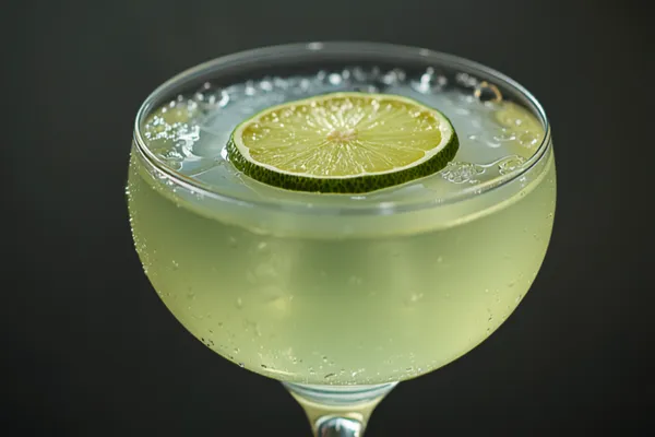A pale green Gimlet straight up in a chilled coupe with a lime wheel, condensation beading on the cold glass.