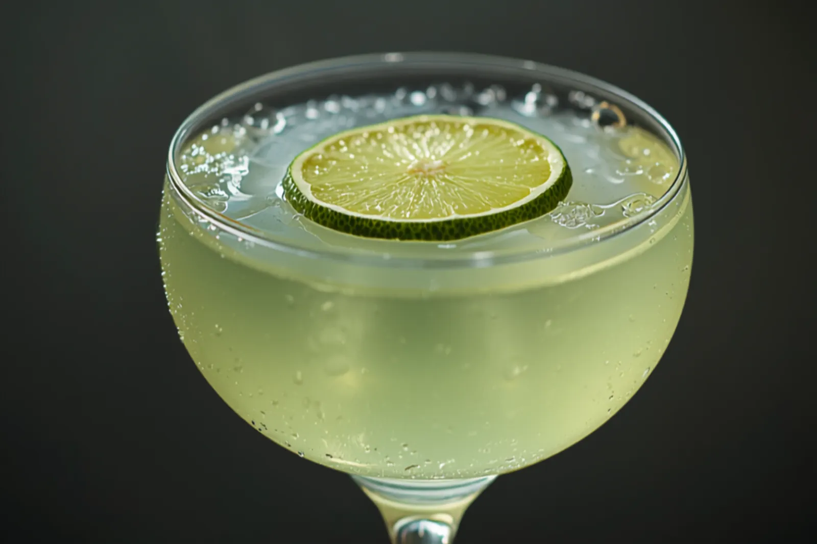 A pale green Gimlet straight up in a chilled coupe with a lime wheel, condensation beading on the cold glass.