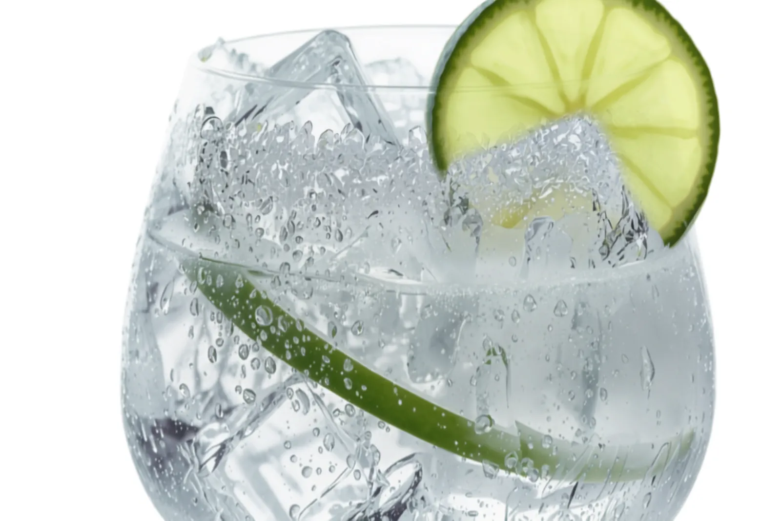 A gin and tonic in a large balloon glass packed with clear ice, a cucumber ribbon and lime, condensation glinting in bright light.