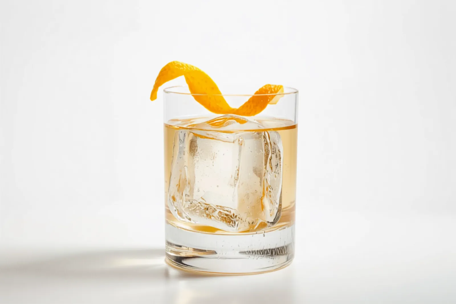 A gin Old Fashioned over a large ice cube with expressed lemon and orange peels, crisp bright light.