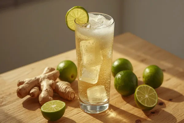 A tall glass of cloudy homemade ginger beer over ice with a lime wedge, bubbles rising, fresh ginger and limes on a bright table.