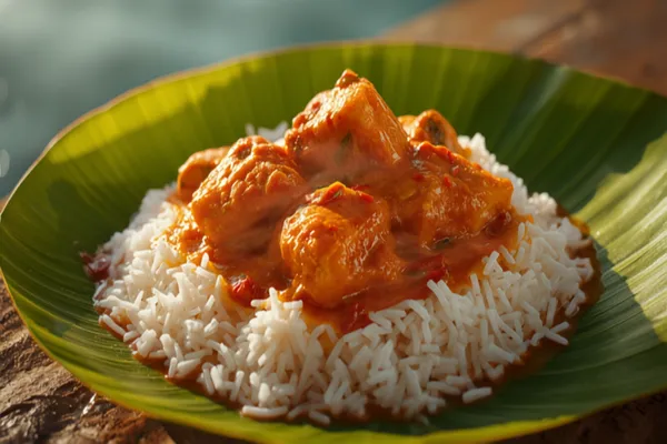 A bowl of Goan fish curry — fish steaks in a vivid red-orange coconut gravy — served on a banana leaf beside a mound of steamed white rice.