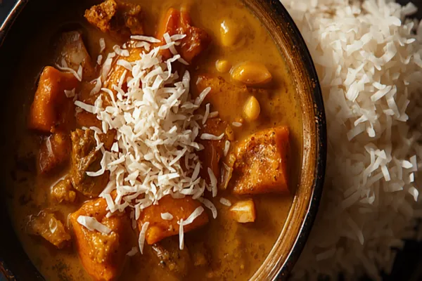A bowl of Goan khatkhate — chunks of pumpkin, yam, raw banana, and beans with lentils in a pale coconut gravy — garnished simply, beside steamed rice.