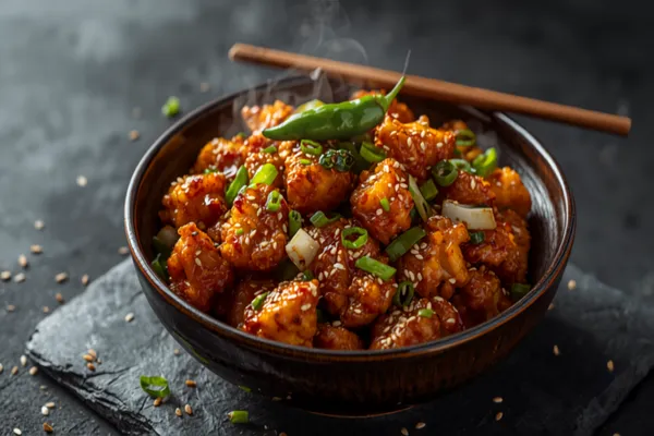 A bowl of dry gobi Manchurian: deep-golden battered cauliflower florets in a glossy dark soy-chilli glaze, flecked with diced capsicum, onion petals and sliced spring onion greens, on a dark slate with chopsticks alongside.