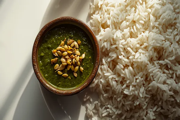 A small bowl of thick, dark-green gongura pachadi with a garlic-and-mustard-seed tempering on top, beside a plate of hot rice with ghee.