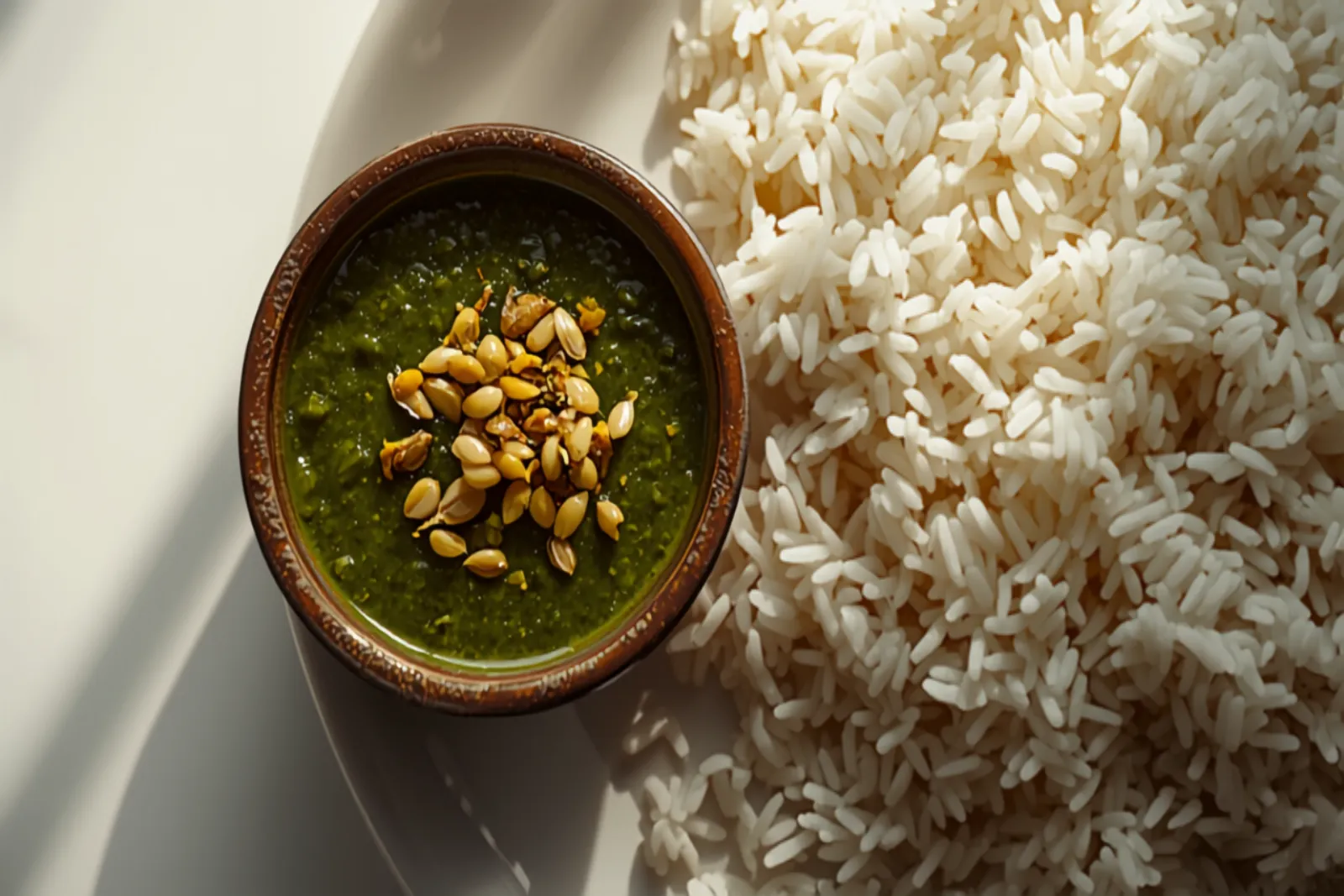 A small bowl of thick, dark-green gongura pachadi with a garlic-and-mustard-seed tempering on top, beside a plate of hot rice with ghee.