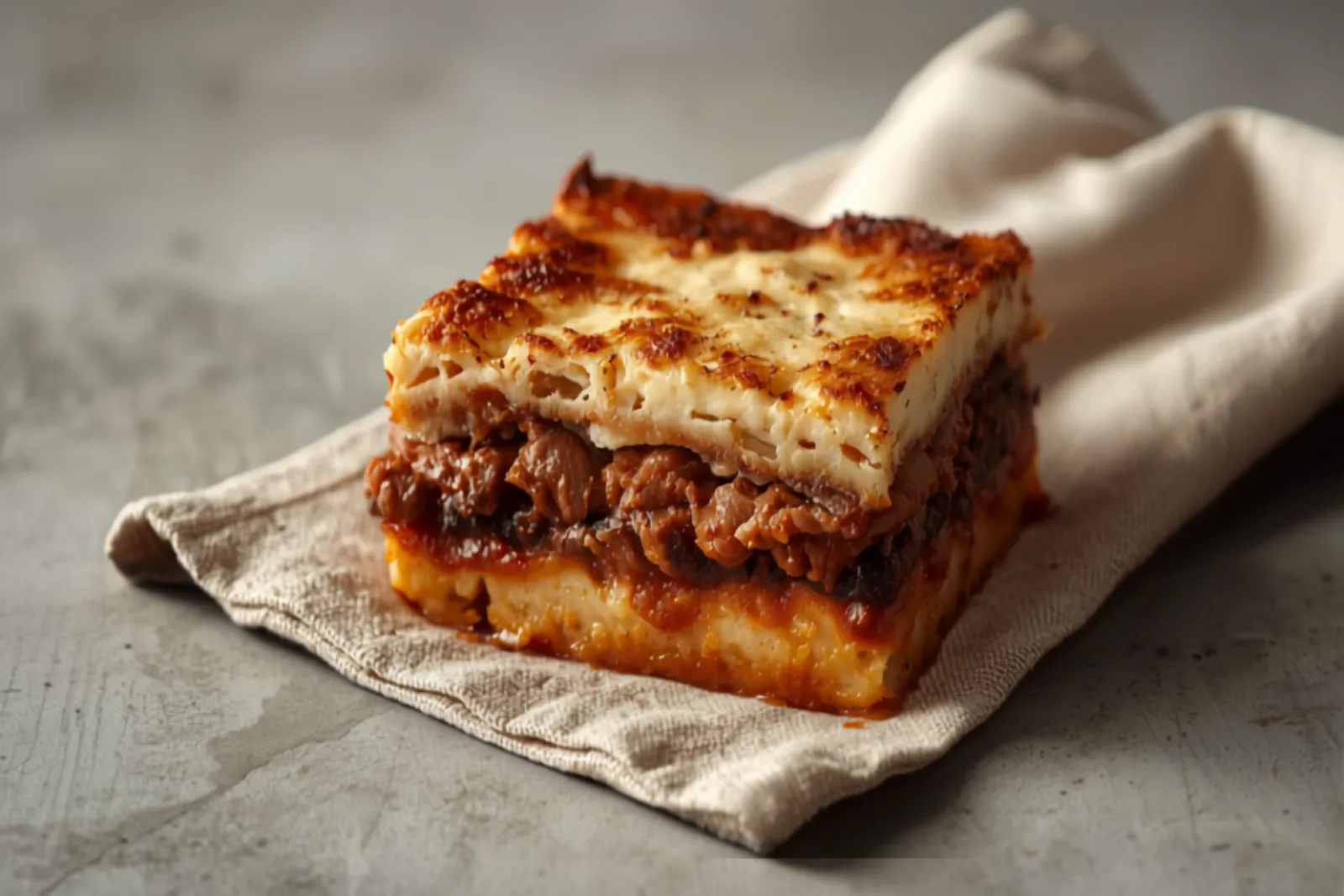 A square of Greek moussaka lifted from a baking dish, showing distinct layers of golden potato, eggplant, and cinnamon-spiced lamb ragù beneath a thick, deeply browned béchamel top.