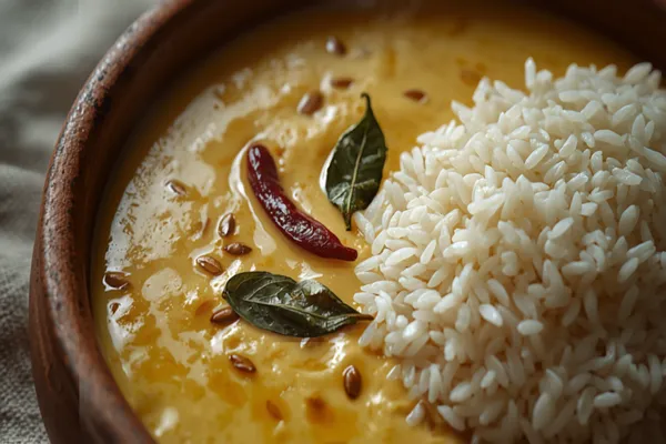 A bowl of pale yellow, thin Gujarati kadhi with a ghee tempering of cumin, dried red chili, and curry leaves floating on top, beside a bowl of rice.