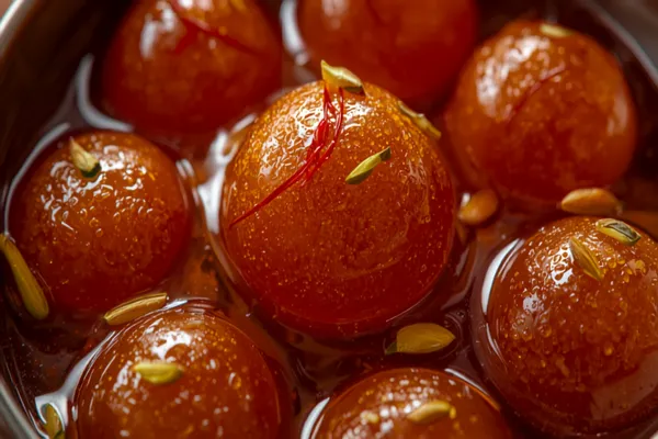 Deep golden-brown gulab jamuns glistening in amber rose syrup in a bowl, garnished with slivered pistachios and a few saffron strands.
