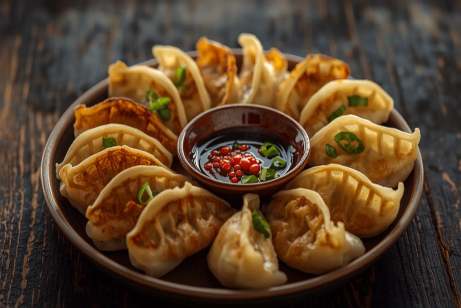 A round platter of pan-fried gyoza flipped crisp-side up, their golden pleated crescents joined by a delicate lacy browned wing, garnished with a scatter of sliced scallion beside a small saucer of soy-vinegar dipping sauce dotted with red chili oil, on a dark wooden table.