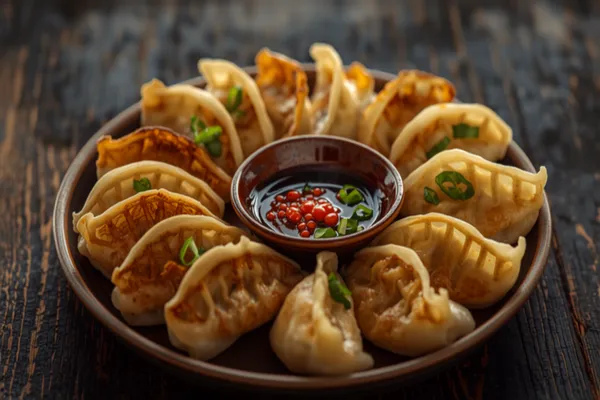 A round platter of pan-fried gyoza flipped crisp-side up, their golden pleated crescents joined by a delicate lacy browned wing, garnished with a scatter of sliced scallion beside a small saucer of soy-vinegar dipping sauce dotted with red chili oil, on a dark wooden table.
