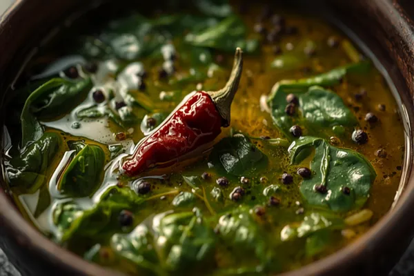 A bowl of brothy Kashmiri haak — vivid green whole collard-style leaves in a thin peppery broth with a whole dried red chili — beside a mound of steamed rice.