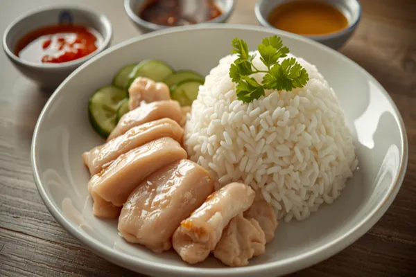 A plate of Hainanese chicken rice — pieces of pale, silky poached chicken with glossy skin beside a mound of fragrant rice, with sliced cucumber, cilantro, and small dishes of red chili sauce, dark soy, and ginger-scallion oil.