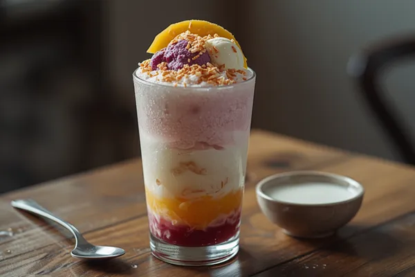 A tall clear glass of Filipino halo-halo on a weathered wooden table, its layers of red beans, golden jackfruit and pink-and-cream shaved ice visible through the glass, topped with a spoonful of purple ube and toasted pinipig and a golden slice of leche flan, with a metal spoon and a small bowl of evaporated milk beside it in moody window light.