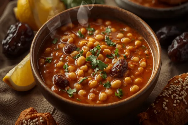 A bowl of rich red-brown Moroccan harira thick with chickpeas, lentils and herbs, a swirl of steam rising, with lemon wedges, dates and a sticky chebakia pastry on the side.