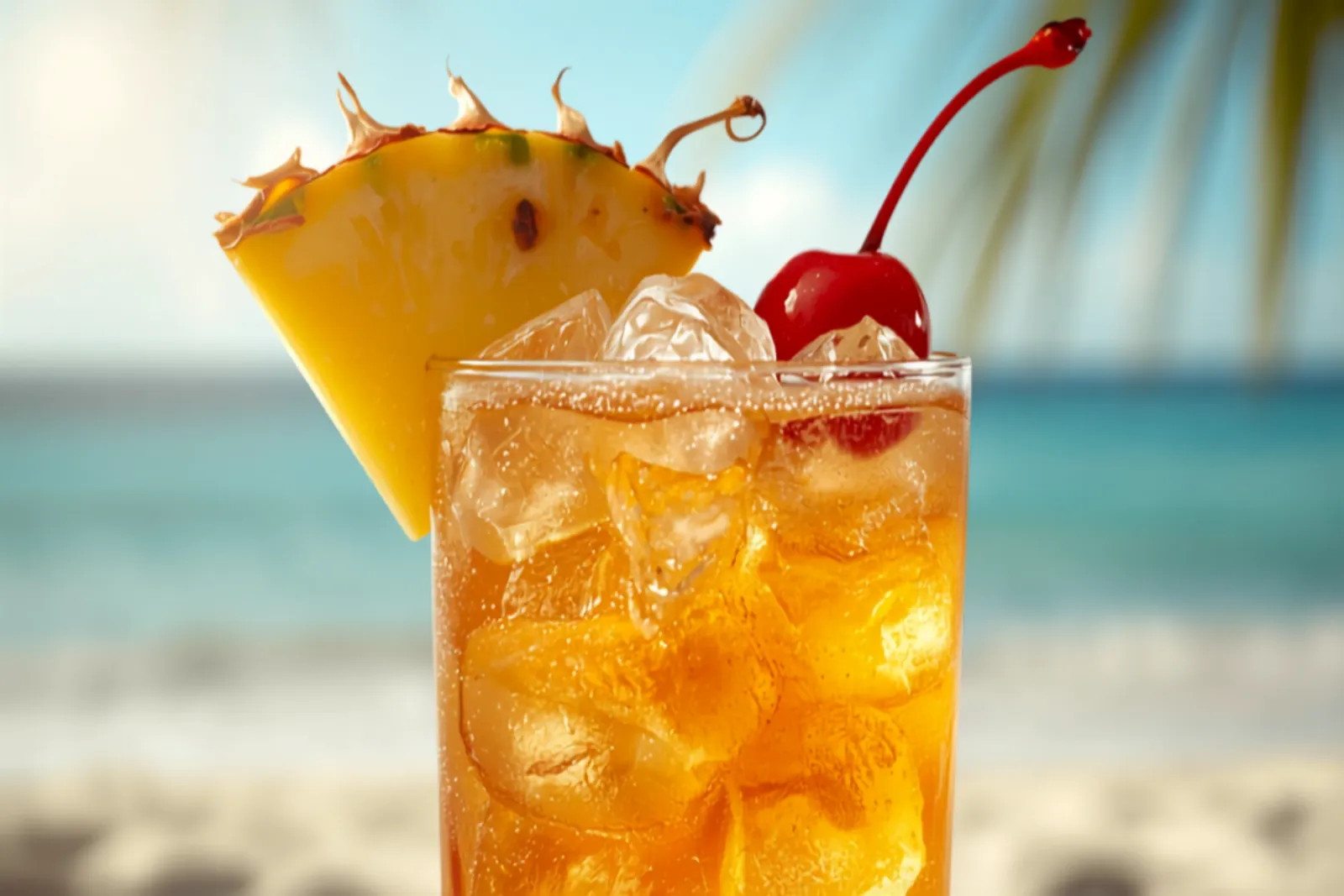 A tall golden Hawaiian Iced Tea over ice topped with pineapple juice, garnished with a pineapple wedge and a cherry.