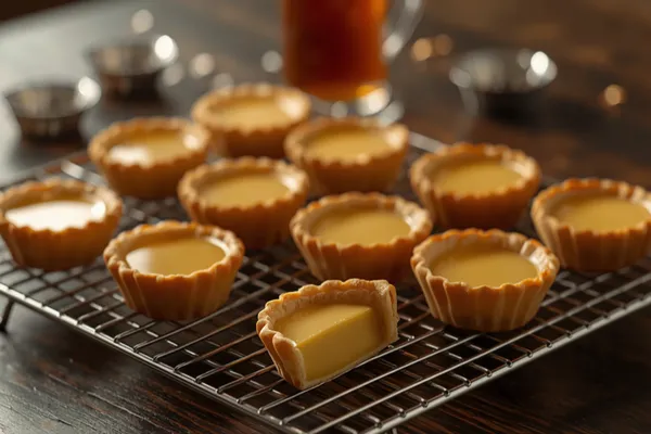 A wire cooling rack of freshly baked Hong Kong egg tarts on dark wood, their fluted golden shortcrust shells holding smooth, glassy pale-gold custard with no browning on top, one tart tipped on its side to show the thin crisp pastry base and the clean set of the filling, with a glass cup of dark Hong Kong milk tea and a scattering of loose tart tins behind.
