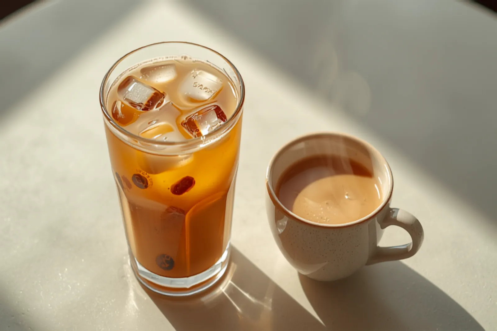 A glass of iced Hong Kong milk tea in a deep tan colour over ice, beside a hot cup, on a cha chaan teng table with an egg tart.