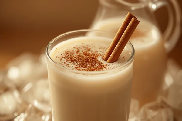 A glass of creamy white horchata over ice dusted with ground cinnamon, a cinnamon stick resting in it and a jug behind, warm light.