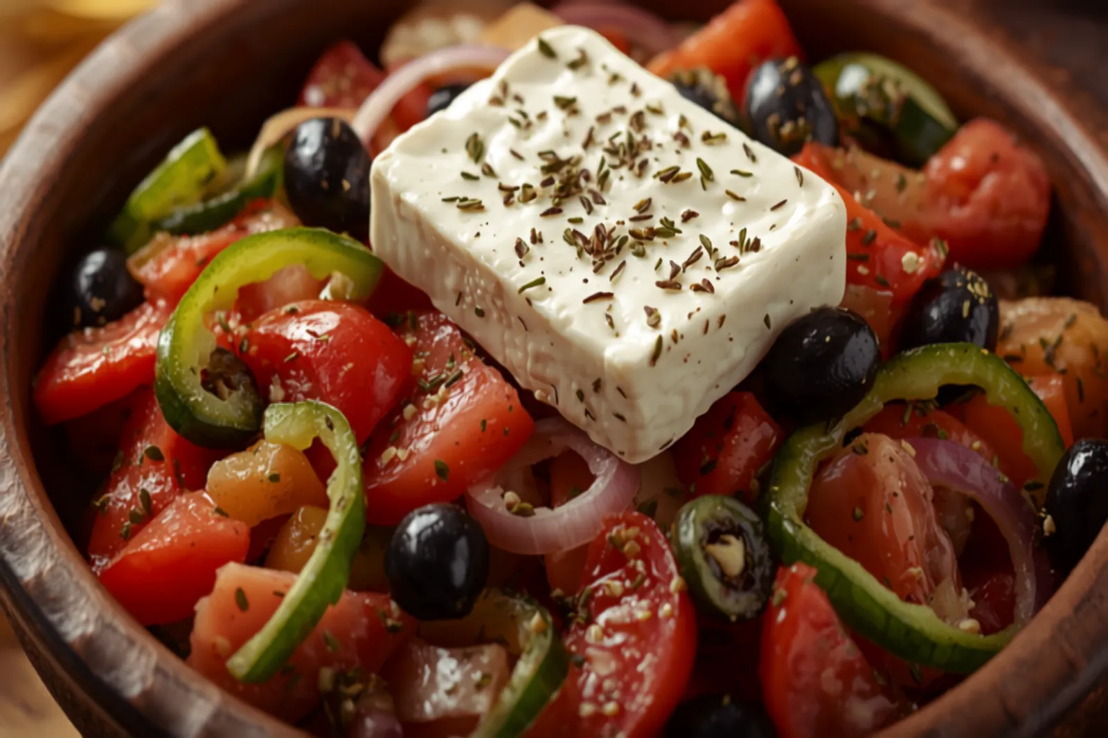A rustic bowl of Greek village salad — red tomato wedges, cucumber, green pepper rings, red onion and dark Kalamata olives topped with a thick white slab of feta dusted with oregano and glossy with olive oil.