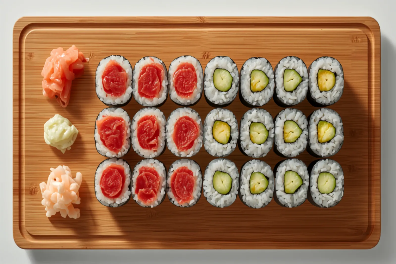 A wooden board of neatly sliced hosomaki: a row of tekkamaki showing ruby-red tuna centered in white rice wrapped in dark nori, beside a row of kappamaki with pale green cucumber, arranged cut-side up with a mound of pink pickled ginger and a dab of green wasabi.