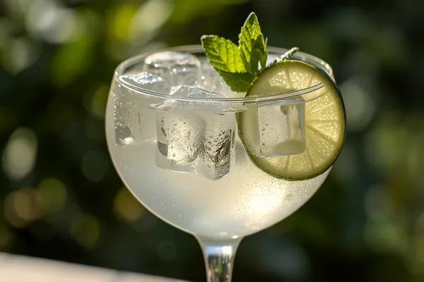 A pale Hugo Spritz in a large wine glass over ice with fresh mint sprigs and a lime slice, bright garden light.