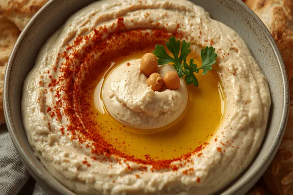 A shallow bowl of pale, silky hummus swirled into a well that pools with golden olive oil, dusted with red paprika and topped with whole chickpeas and parsley, warm pita alongside.