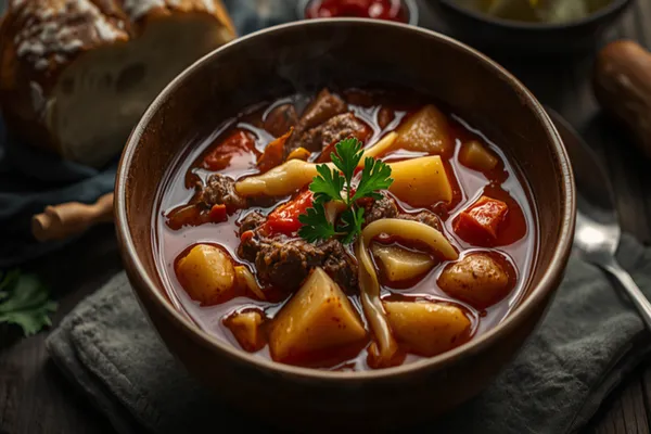 A deep bowl of Hungarian gulyásleves — a clear, paprika-red broth with cubes of tender beef, potato, carrot rounds and pinched csipetke noodles, a slick of red fat on the surface and a scattering of sliced sweet pepper, with crusty white bread and a dish of hot pepper paste alongside on a rustic wooden table.
