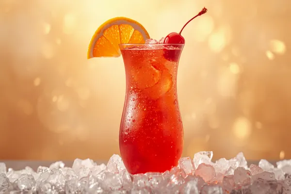 A tall red Hurricane cocktail in a curvy hurricane glass over crushed ice with an orange slice and cherry, bright light.