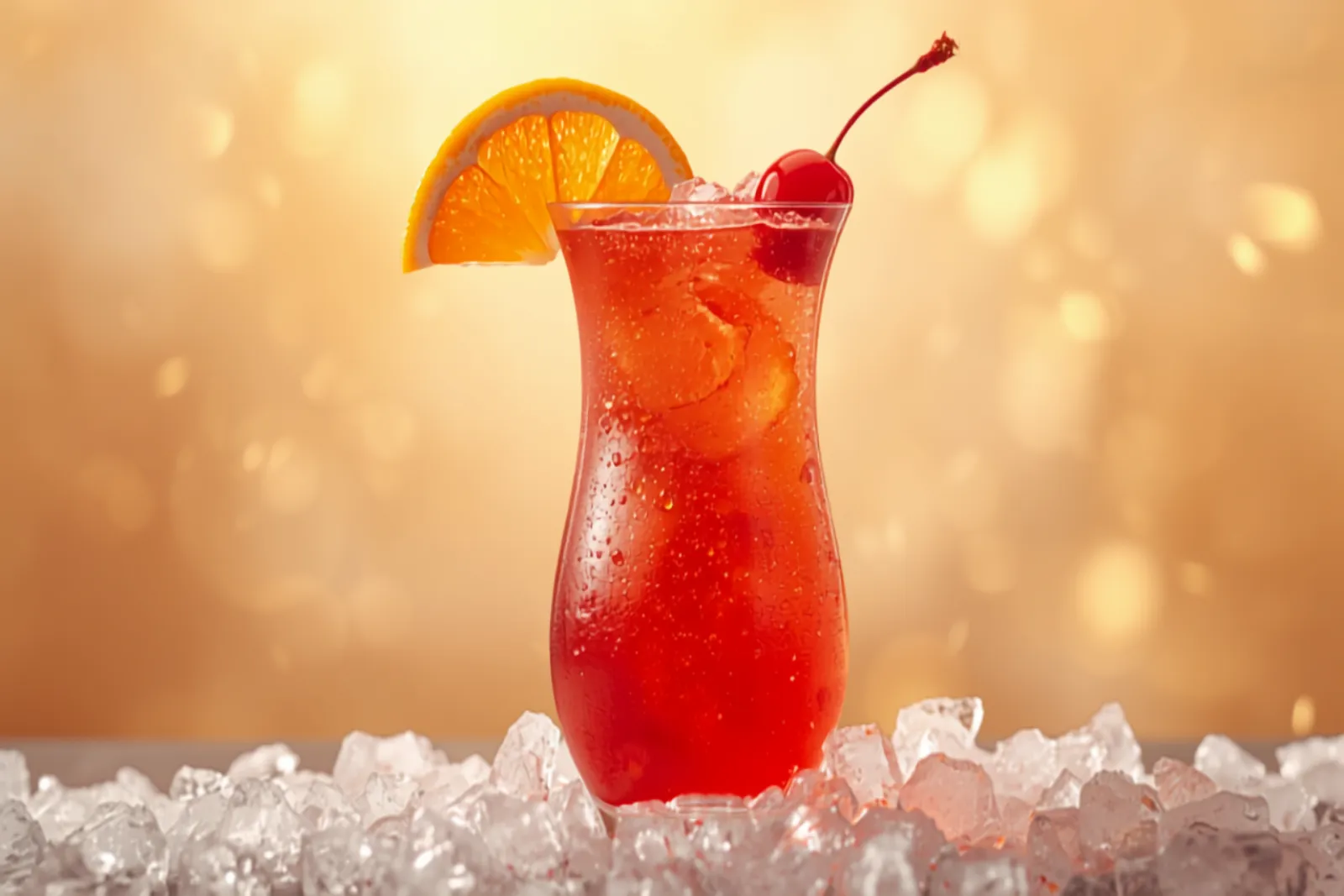 A tall red Hurricane cocktail in a curvy hurricane glass over crushed ice with an orange slice and cherry, bright light.