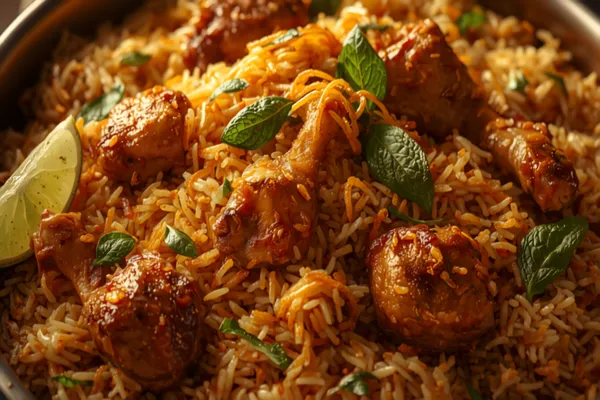Hyderabadi chicken biryani in a copper handi: long saffron-streaked basmati grains over juicy bone-in chicken pieces, scattered with golden fried onions, mint, and a wedge of lime.