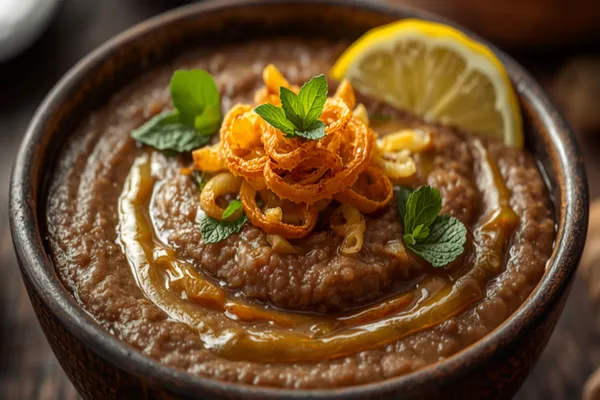 A bowl of smooth, thick brown Hyderabadi haleem drizzled with ghee and topped with golden fried onions, mint, sliced ginger, and a lemon wedge.