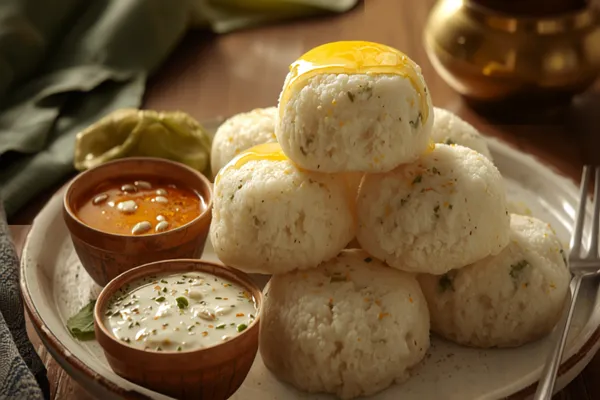 A plate of soft white steamed idlis stacked beside a bowl of orange sambar and white coconut chutney, with a drizzle of ghee.