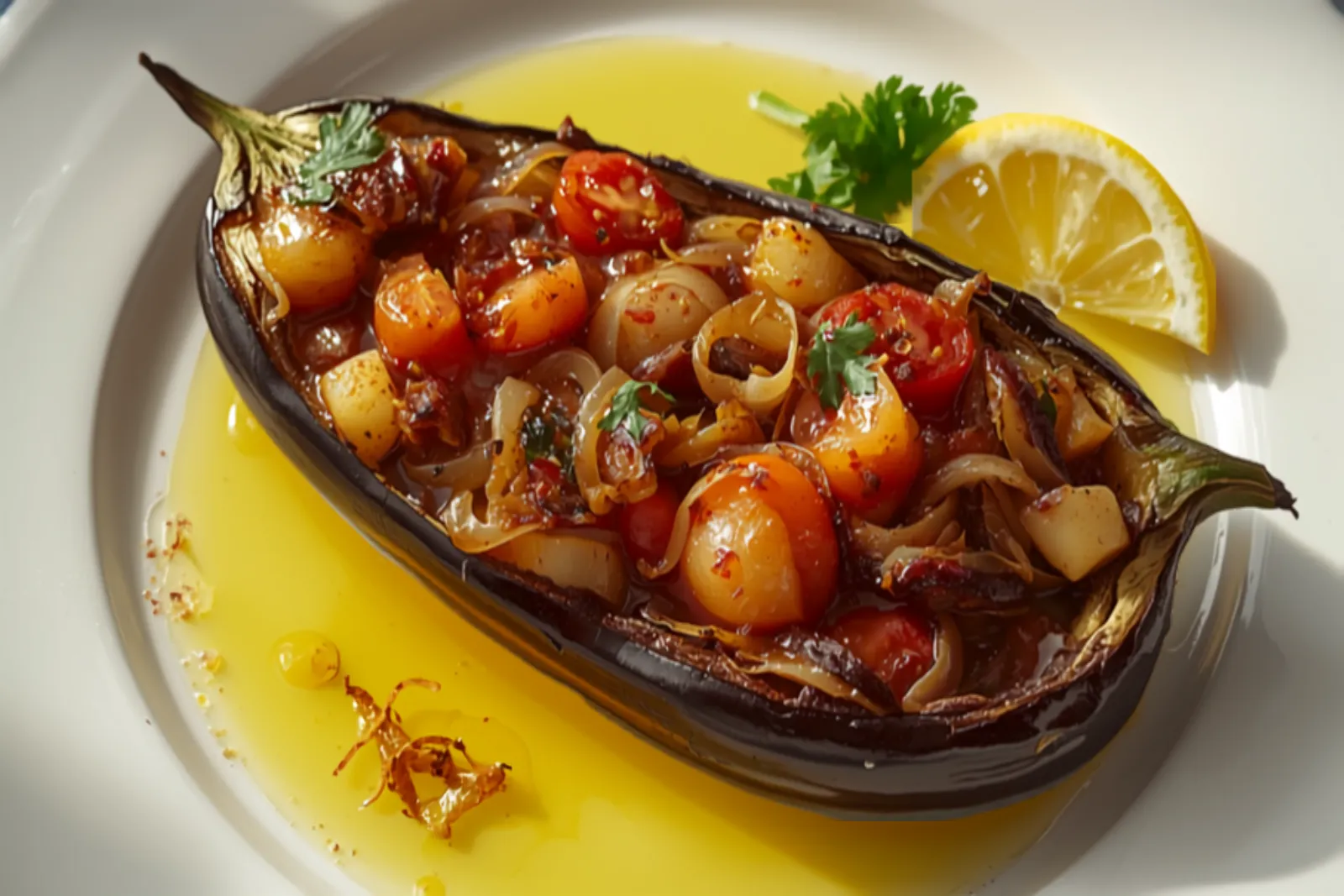 Whole braised eggplant split open and stuffed with a glossy tangle of sweet onion, garlic and tomato, glistening in olive oil on a plate with parsley and a lemon wedge.