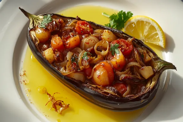 Whole braised eggplant split open and stuffed with a glossy tangle of sweet onion, garlic and tomato, glistening in olive oil on a plate with parsley and a lemon wedge.