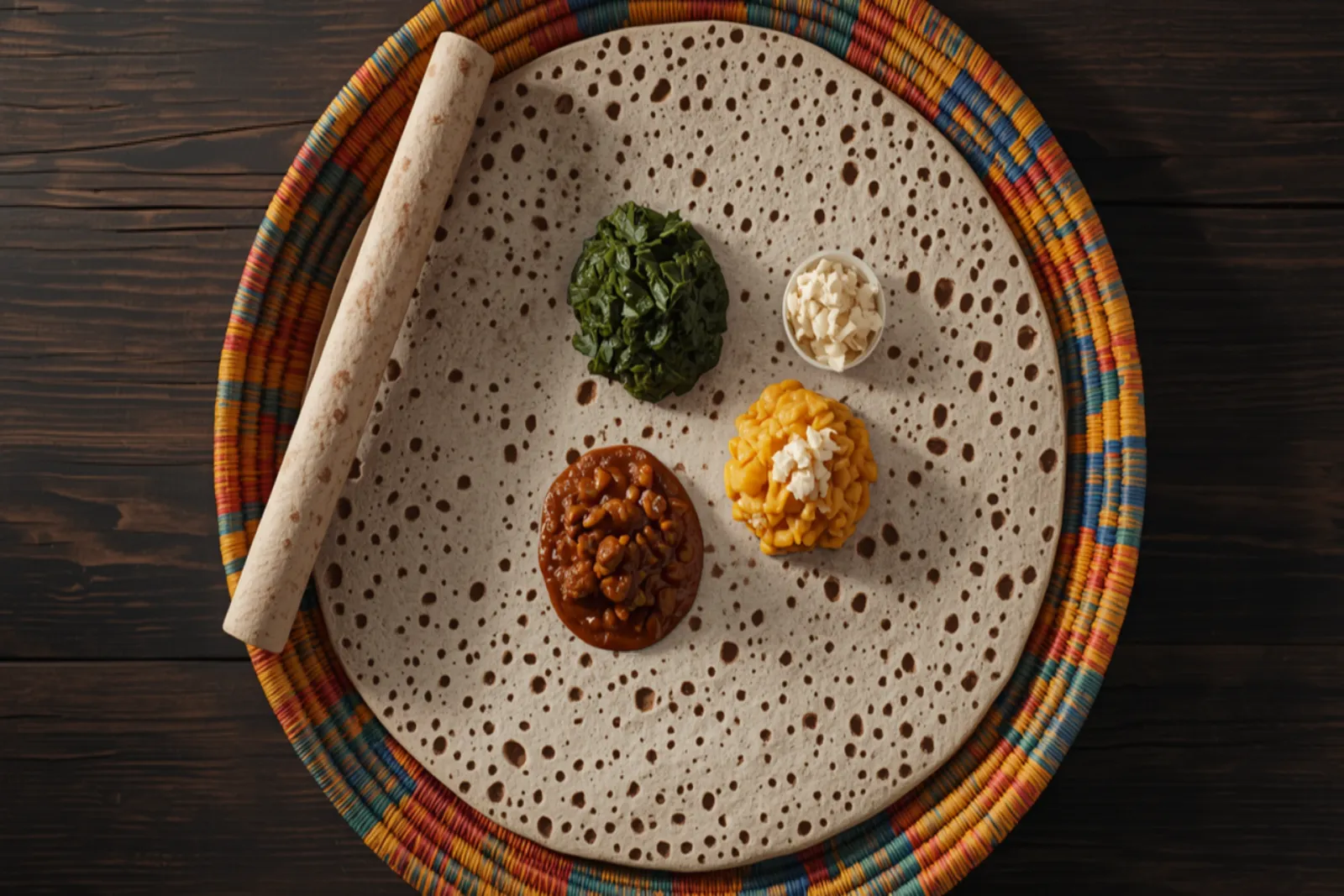 An overhead shot of a wide round of pale grey-tan Ethiopian injera on a colourful hand-woven mesheb basket, its surface covered in open honeycomb holes, with a tightly rolled injera cylinder along one edge and small mounds of dark stewed collard greens, red lentil wat and mustard-yellow shiro spooned onto the bread beside a bowl of crumbled white ayib cheese, on dark wood.
