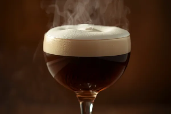 An Irish coffee in a clear stemmed glass — dark coffee below a thick collar of softly whipped cream, steam rising, warm light.